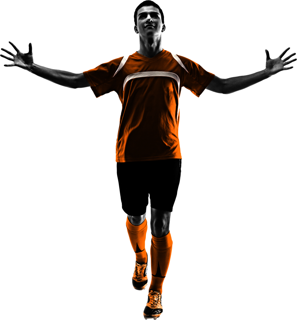 One Brazilian Soccer Football Player Young Man Happiness Joy  in Silhouette Studio  on White Background